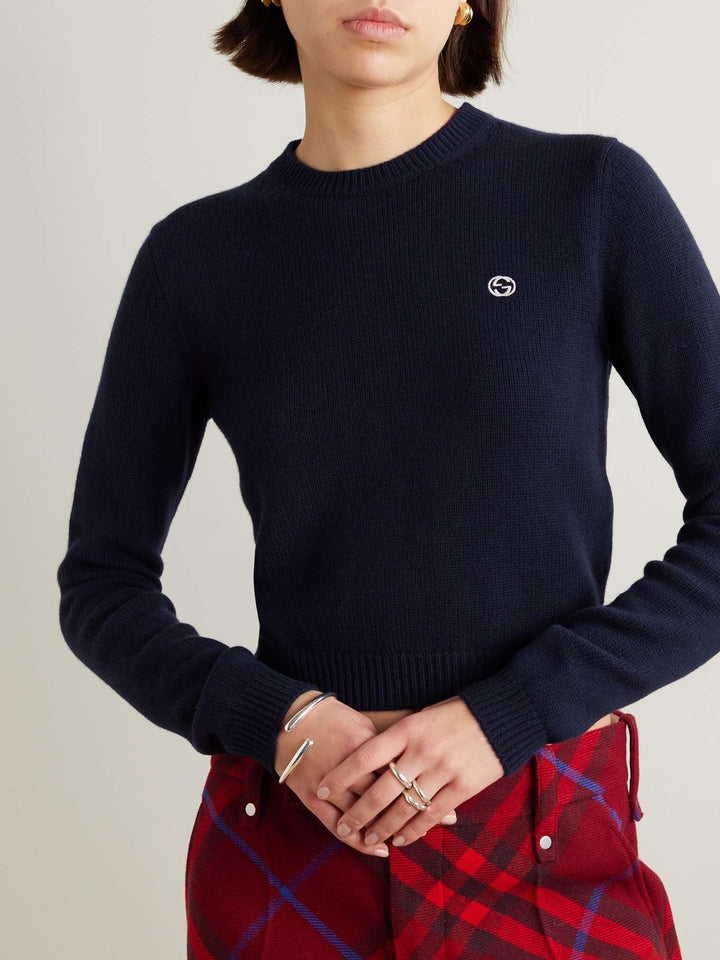 Cropped embroidered wool and cashmere-blend sweater